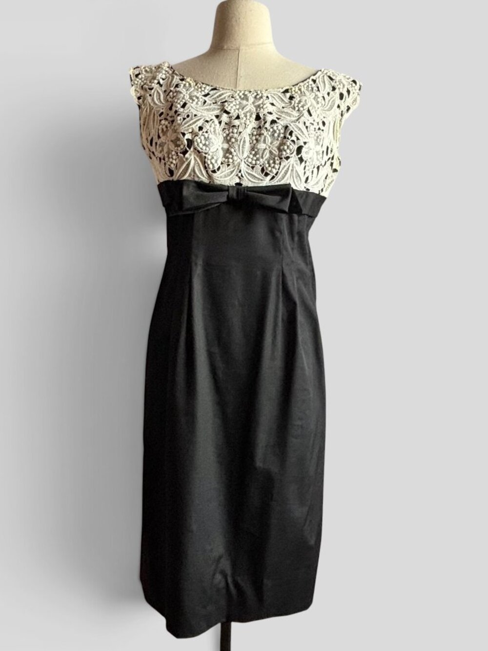 Vintage 1950s Cover Girl of Miami Black Sheath Dress with Lace Neckline